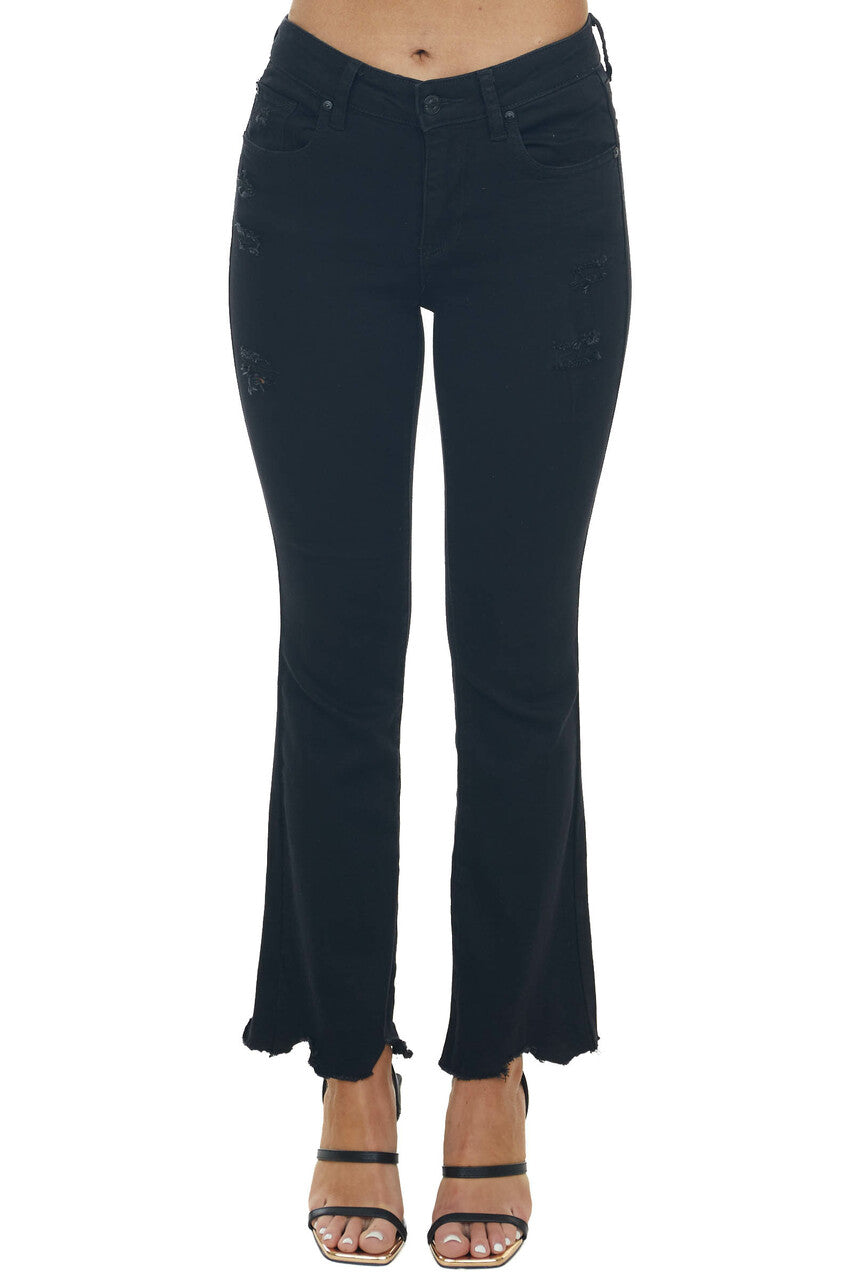 Black Mid Rise Flare Jeans with Distressing and Raw Hem
