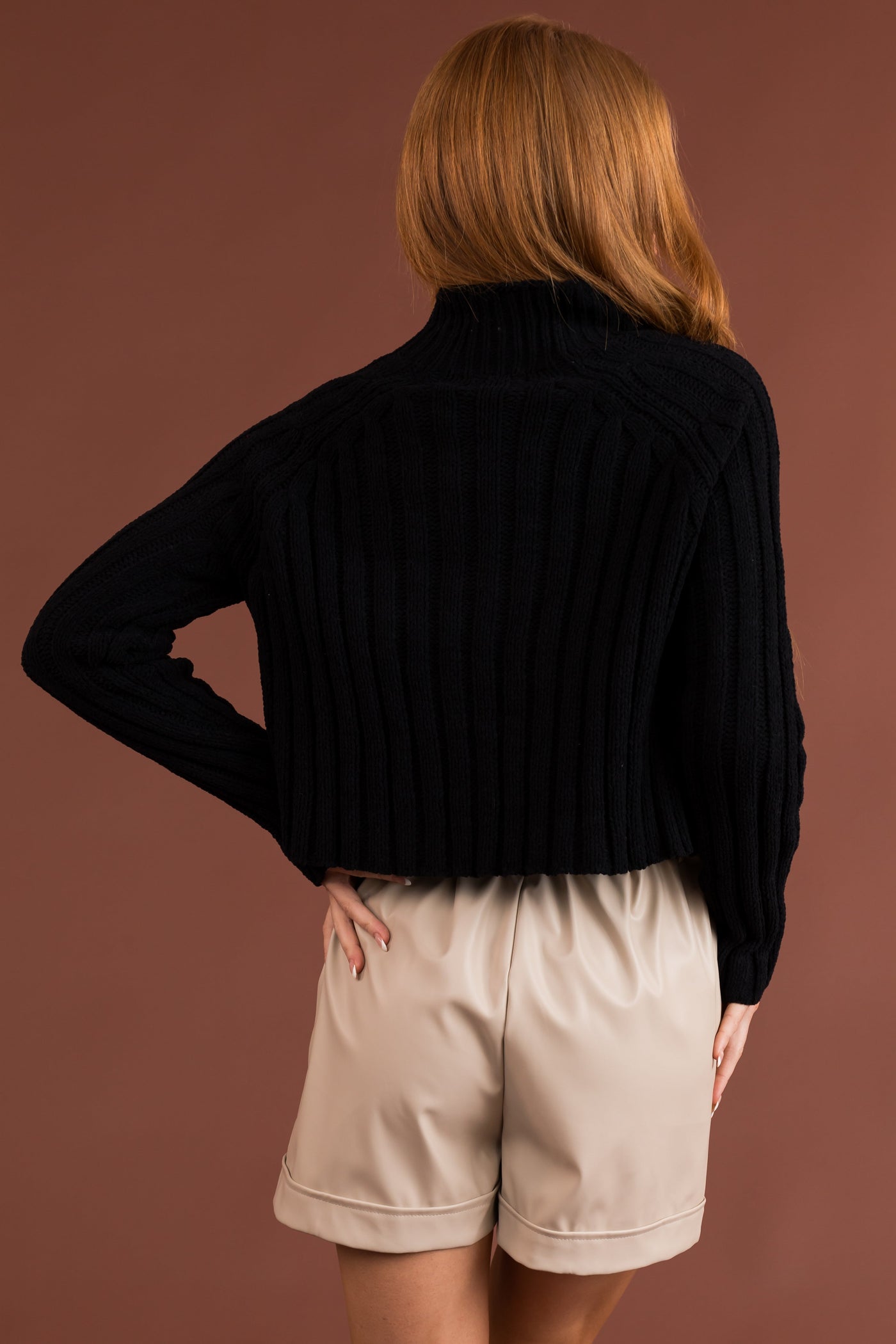 Black Mock Neck Cropped Chenille Sweater