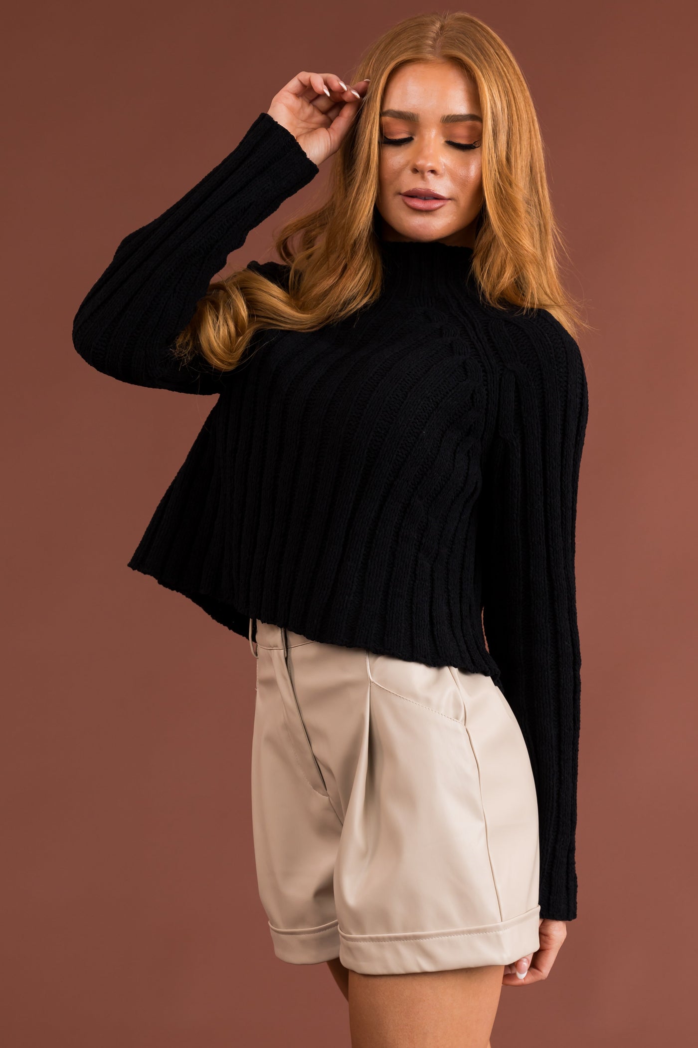 Black Mock Neck Cropped Chenille Sweater