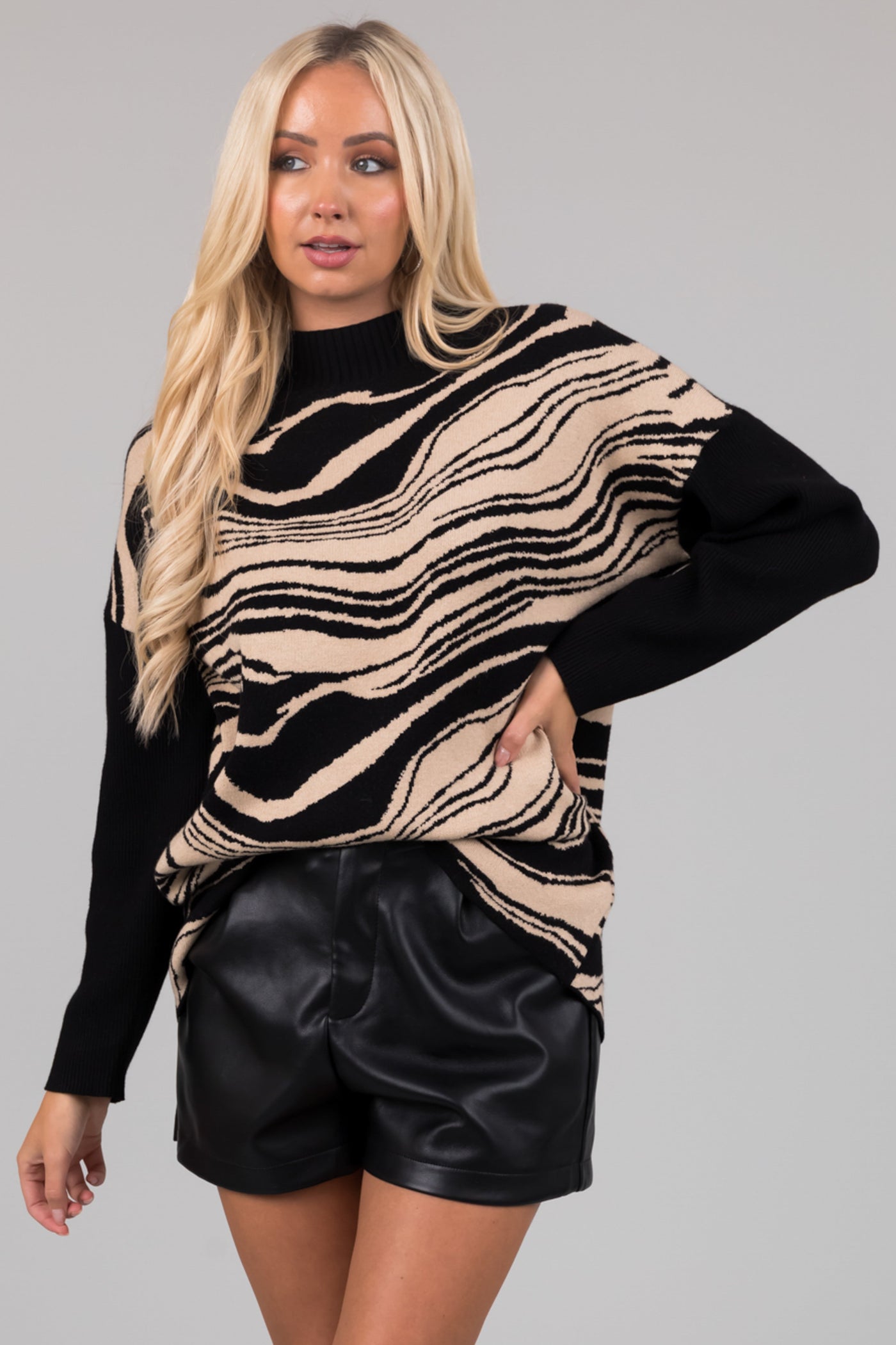 Black Mock Neck Marble Print Sweater