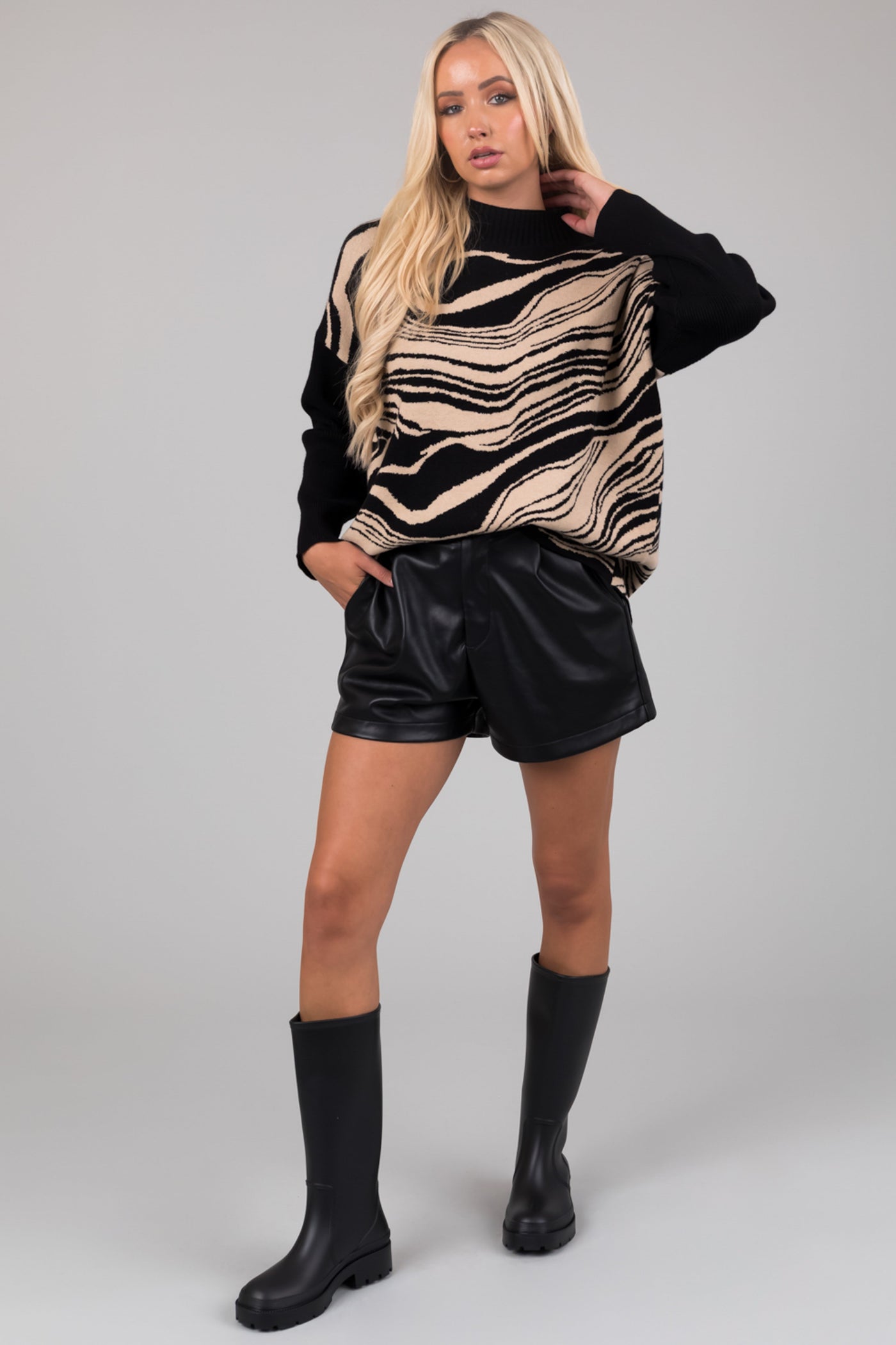 Black Mock Neck Marble Print Sweater