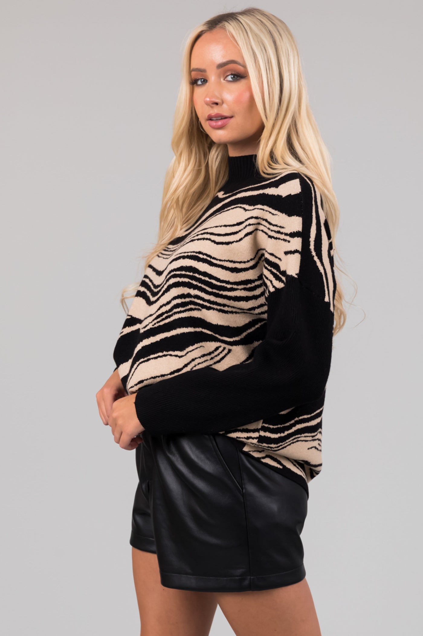 Black Mock Neck Marble Print Sweater