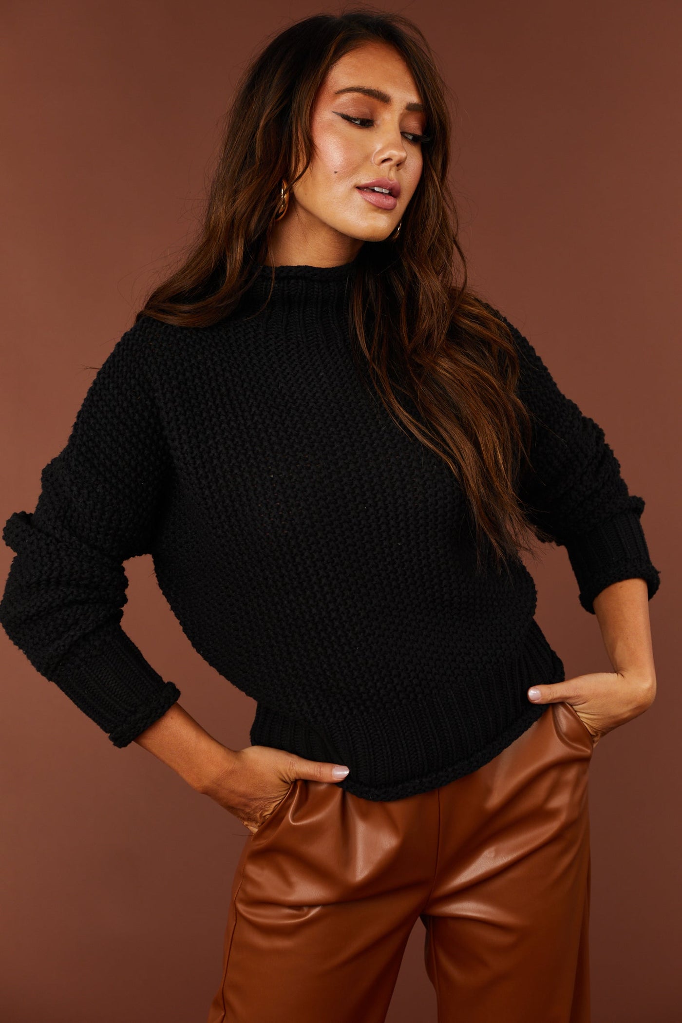 Black Mock Neck Rolled Hem Chunky Sweater