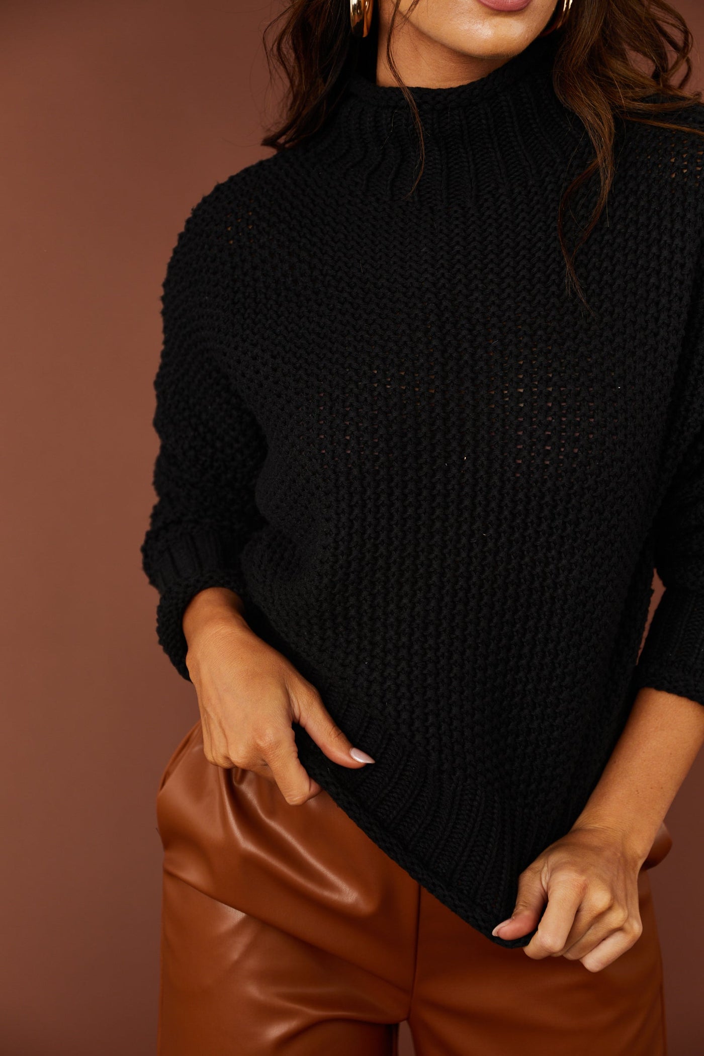 Black Mock Neck Rolled Hem Chunky Sweater