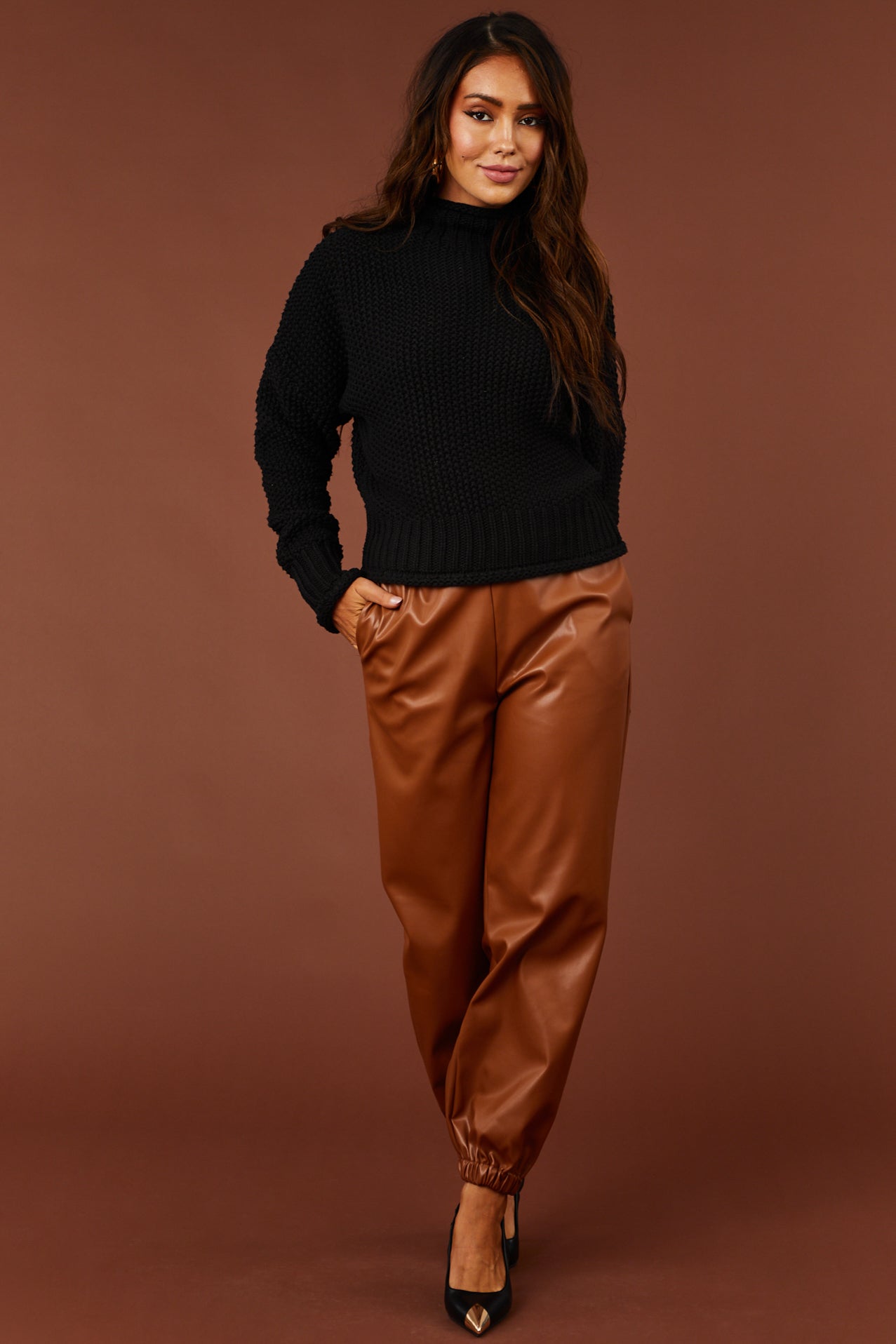 Black Mock Neck Rolled Hem Chunky Sweater