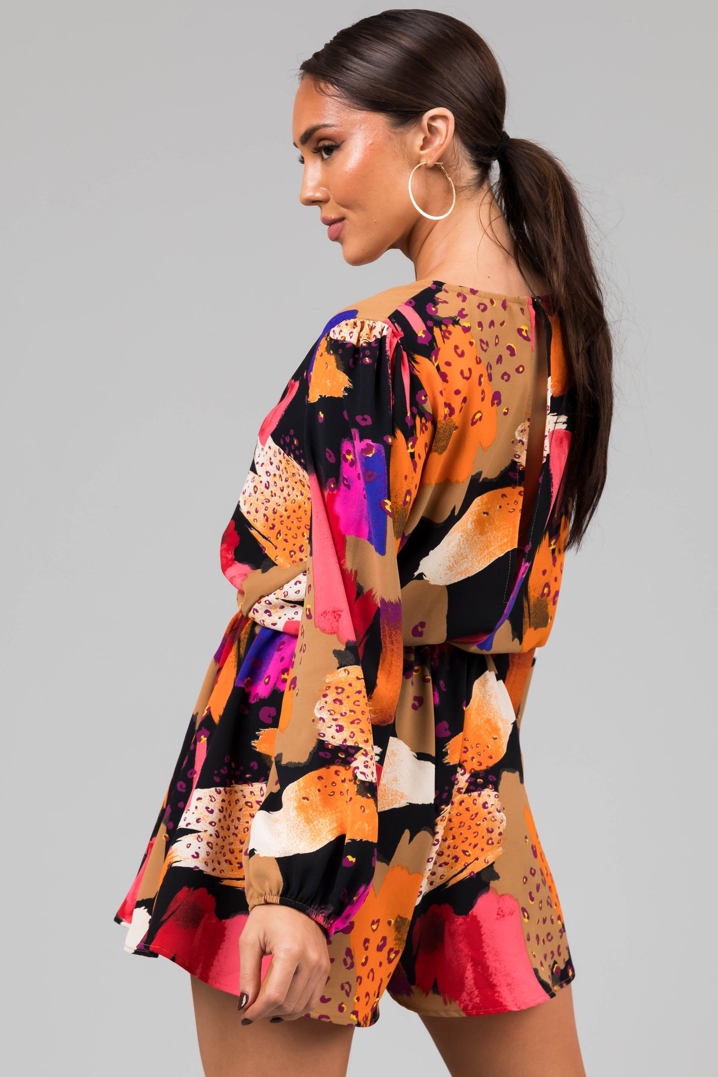 Black Multicolor Abstract Surplice Flare Romper