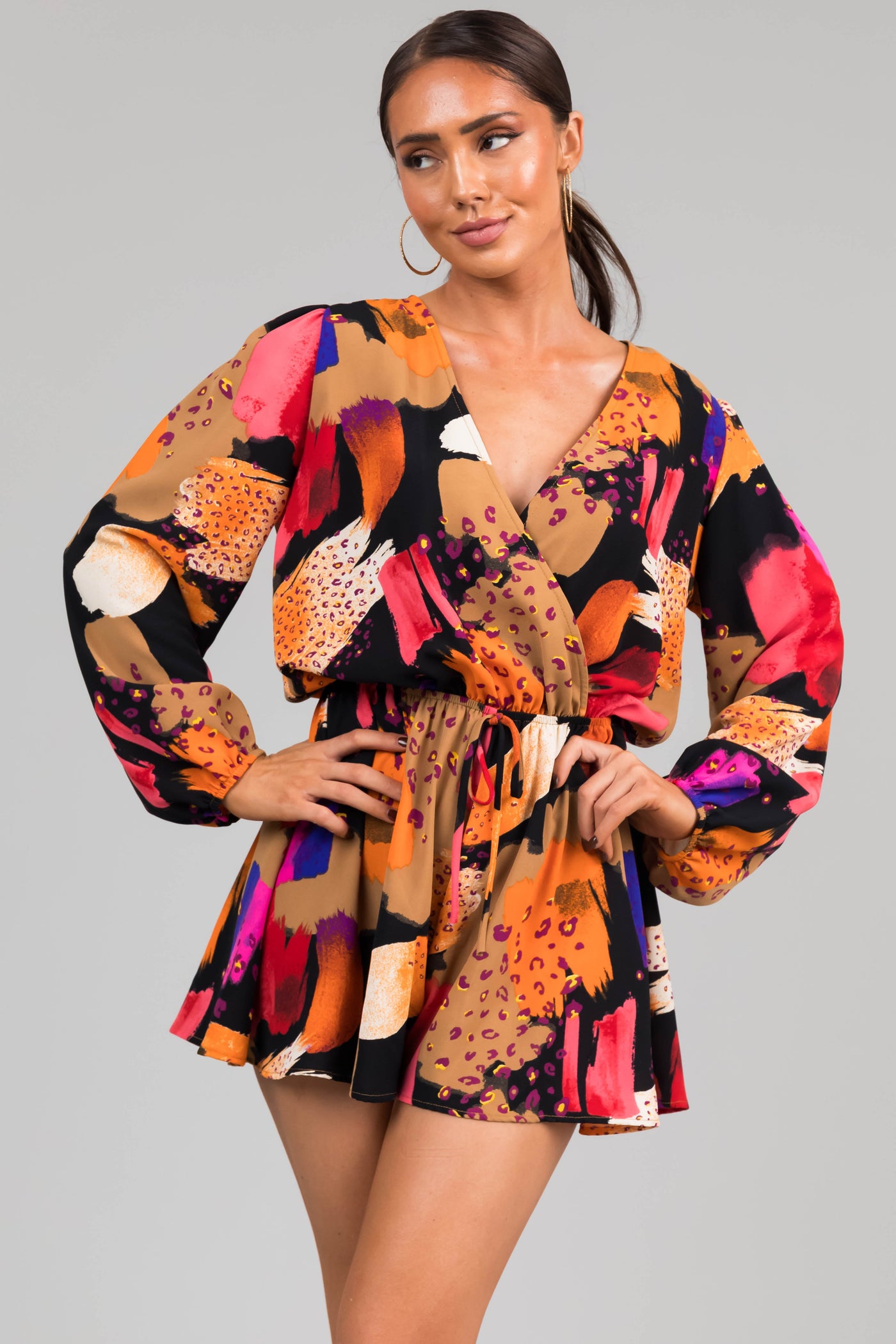 Black Multicolor Abstract Surplice Flare Romper
