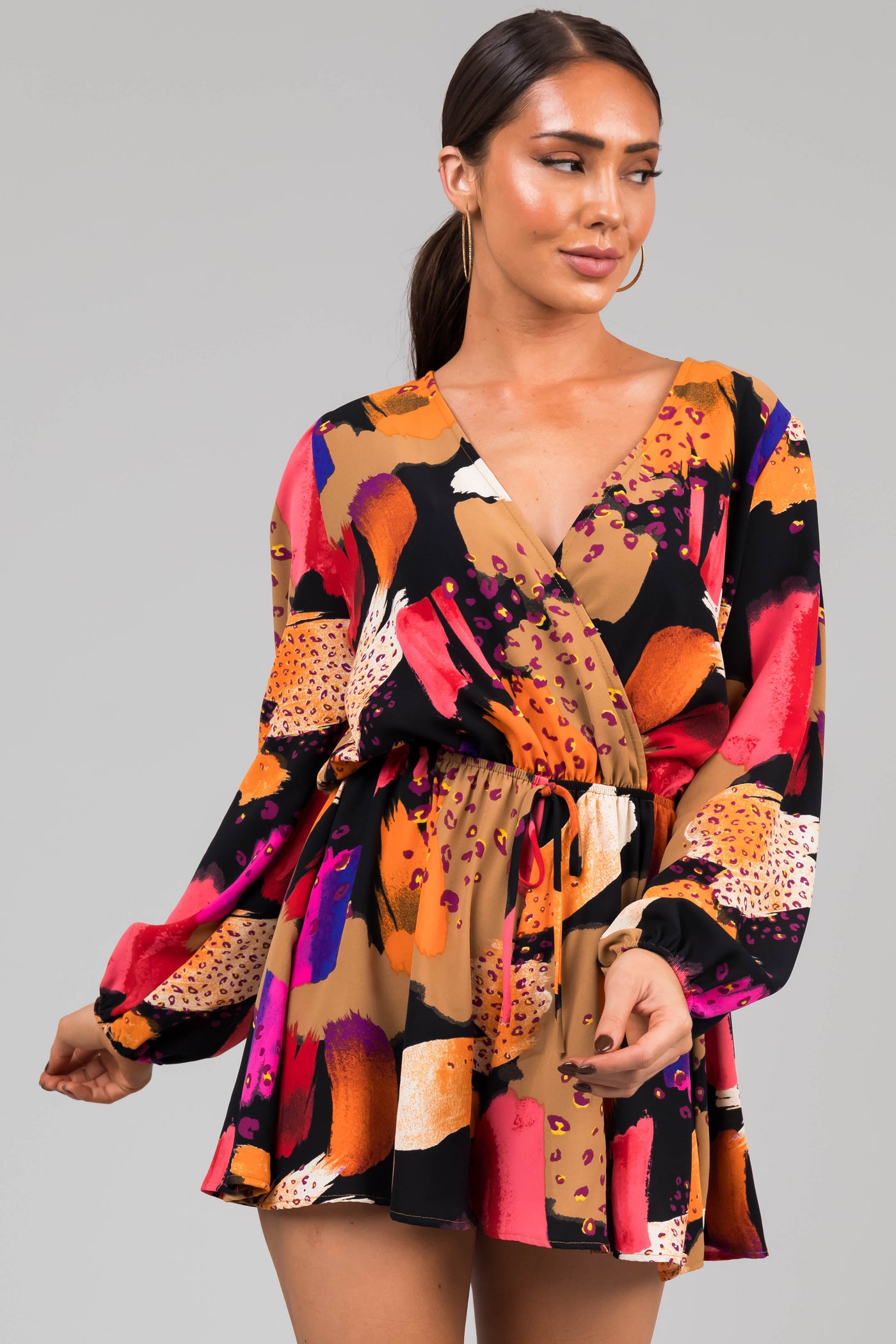 Black Multicolor Abstract Surplice Flare Romper