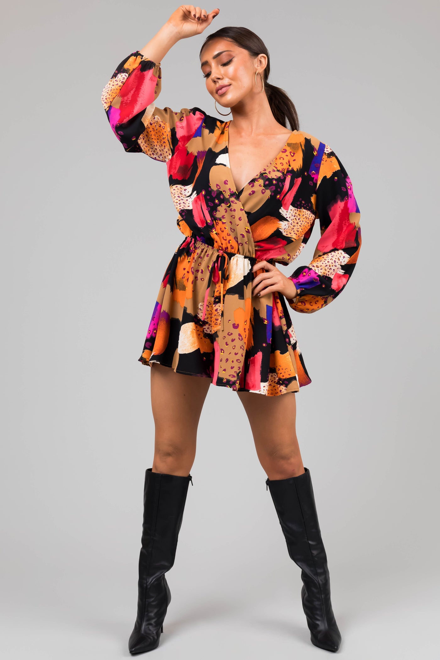 Black Multicolor Abstract Surplice Flare Romper