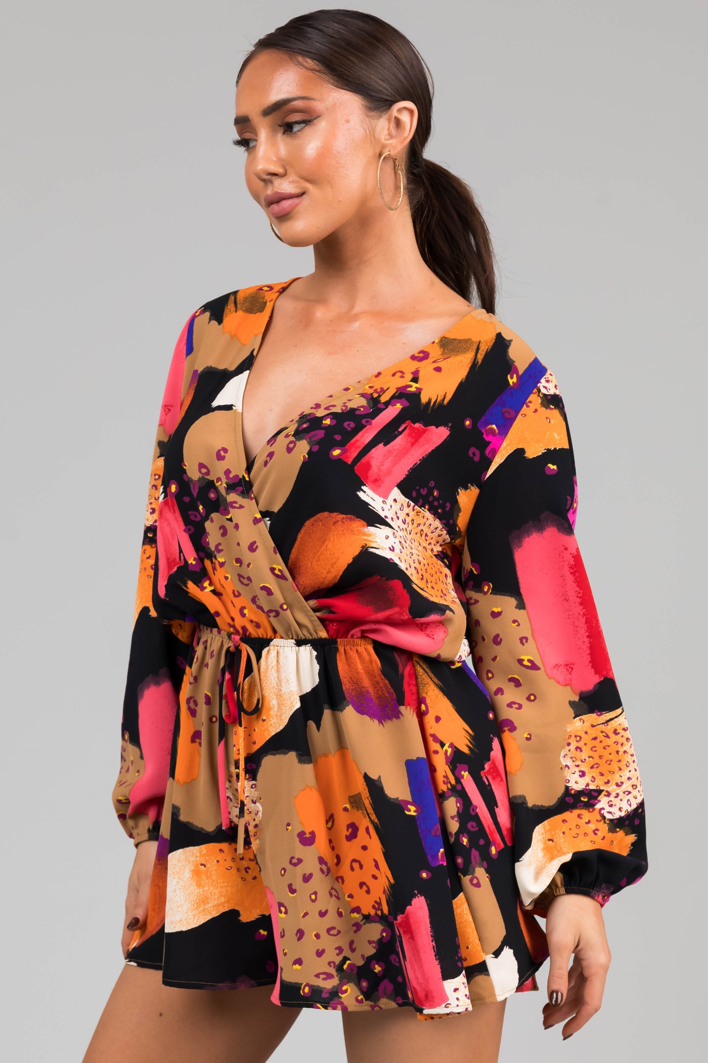 Black Multicolor Abstract Surplice Flare Romper