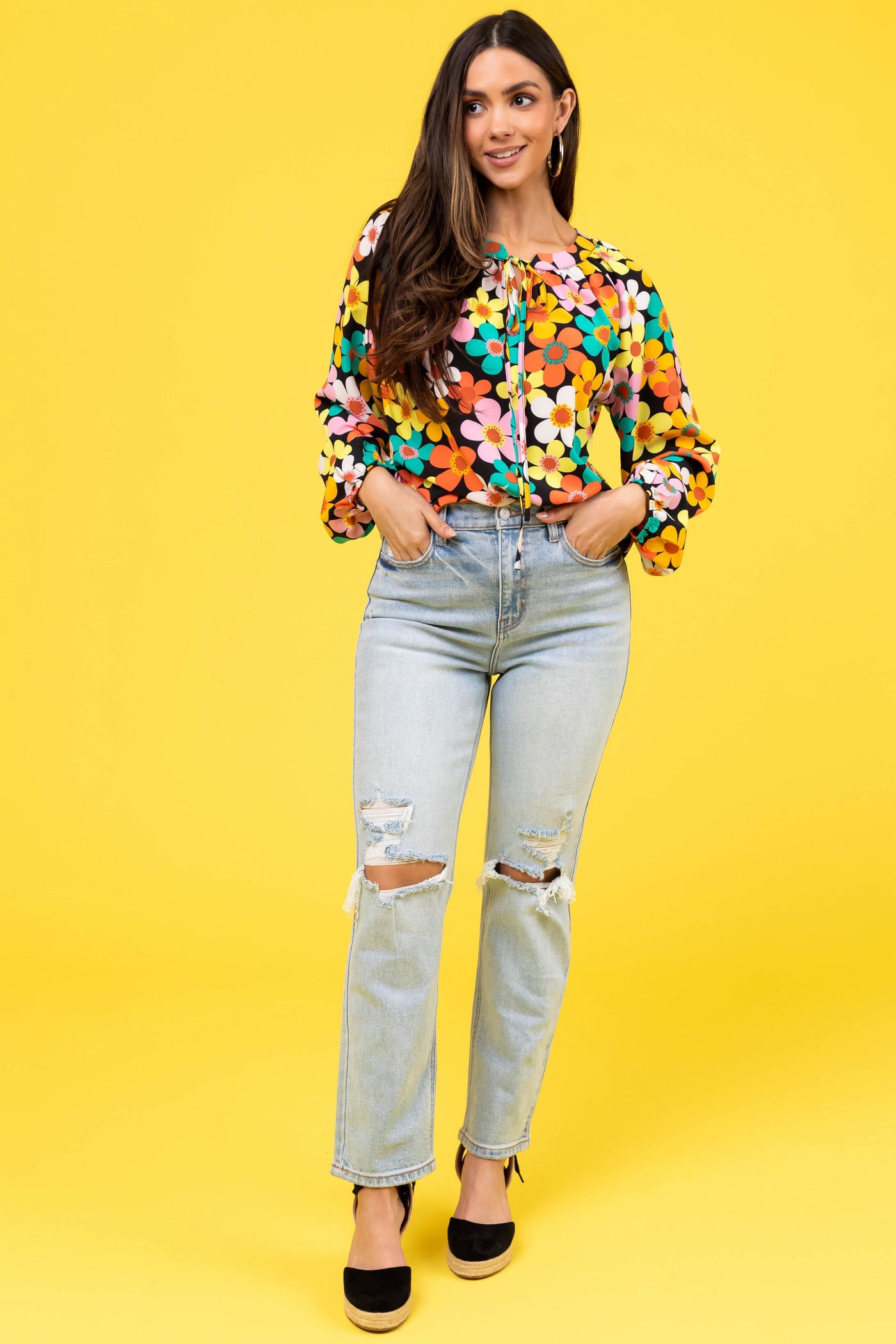 Black Multicolor Floral Print Blouse