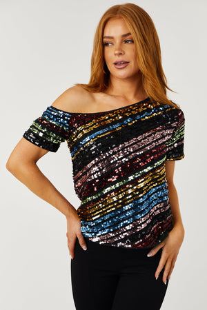 Black Multicolor Sequin Short Sleeve Top