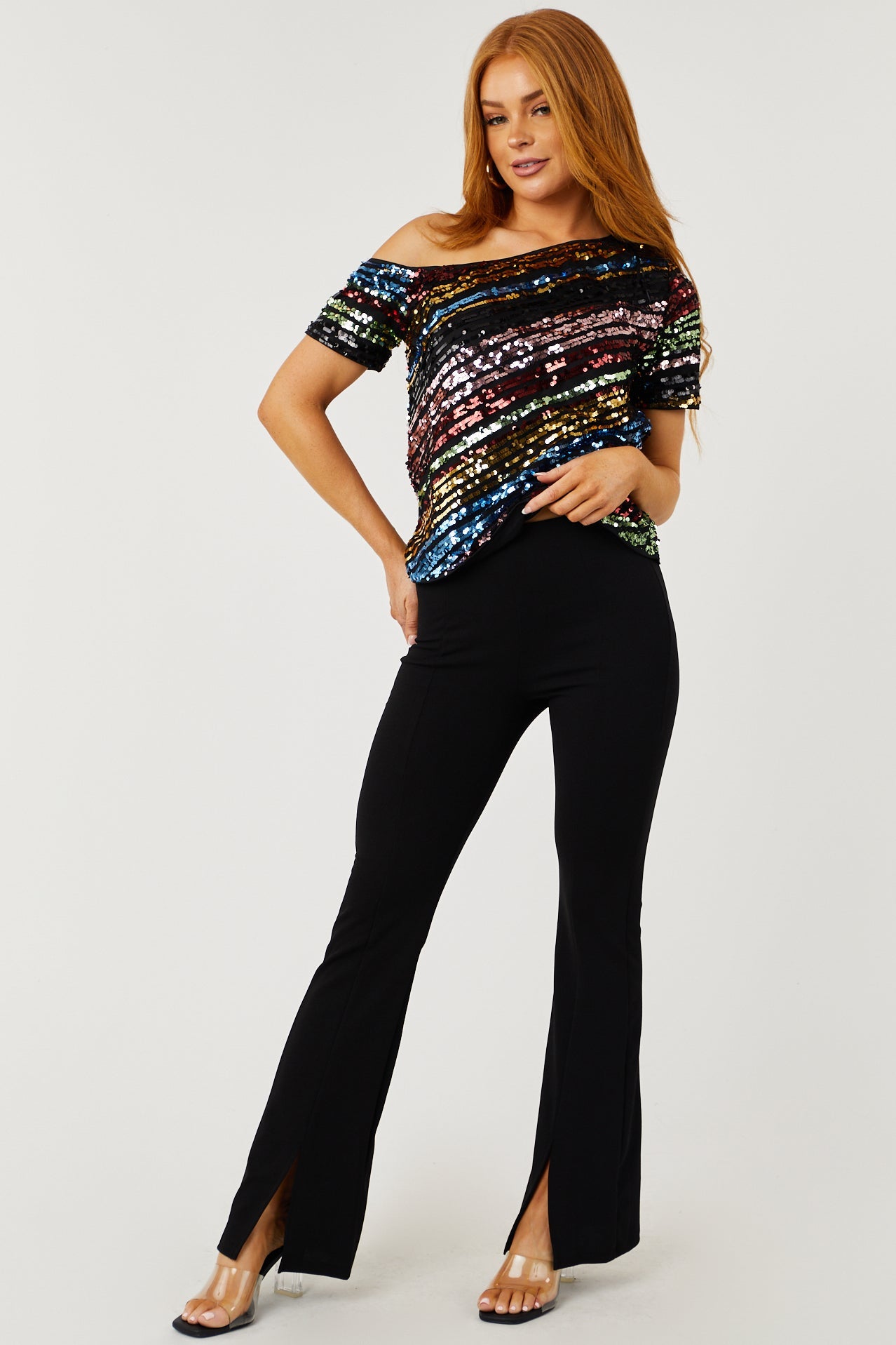 Black Multicolor Sequin Short Sleeve Top