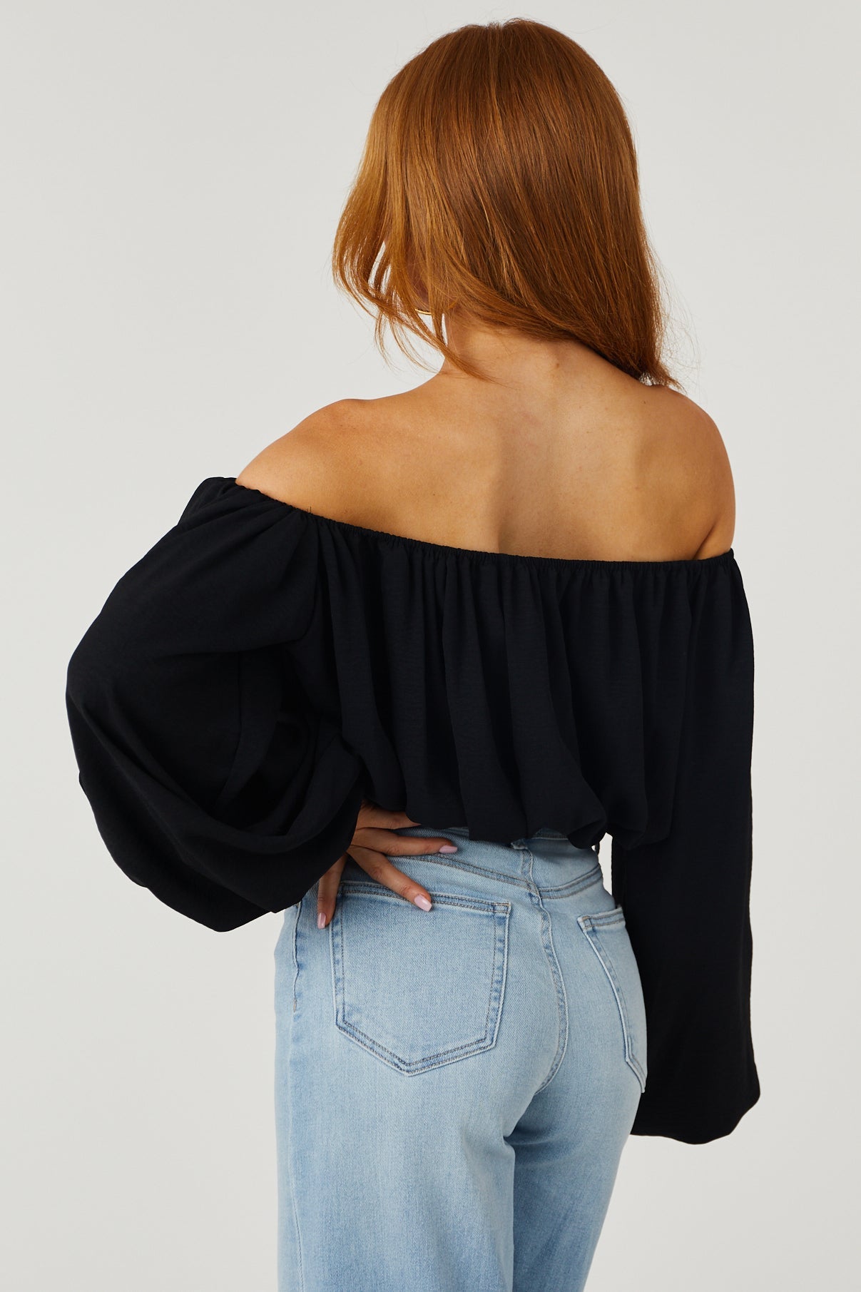 Black Off Shoulder Bubble Sleeve Blouse