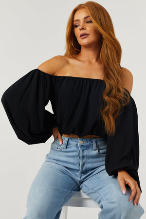 Black Off Shoulder Bubble Sleeve Blouse