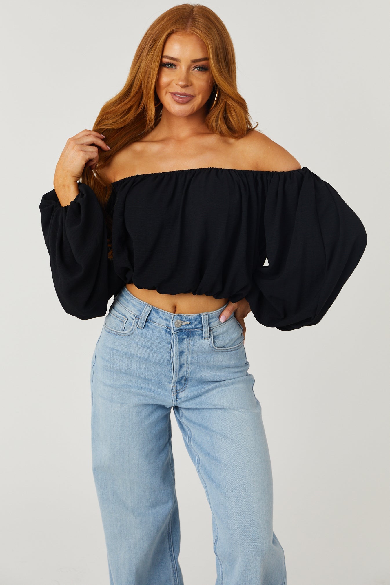 Black Off Shoulder Bubble Sleeve Blouse