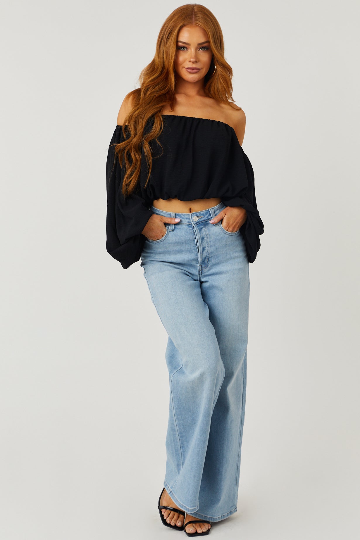 Black Off Shoulder Bubble Sleeve Blouse