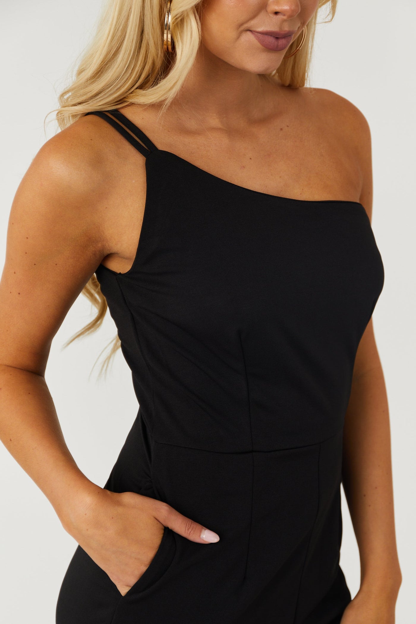 Black One Shoulder Knit Romper with Pockets