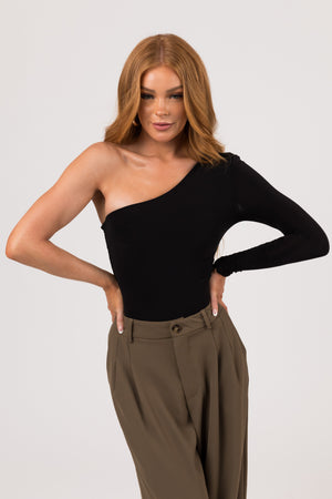 Black One Shoulder Long Sleeve Bodysuit