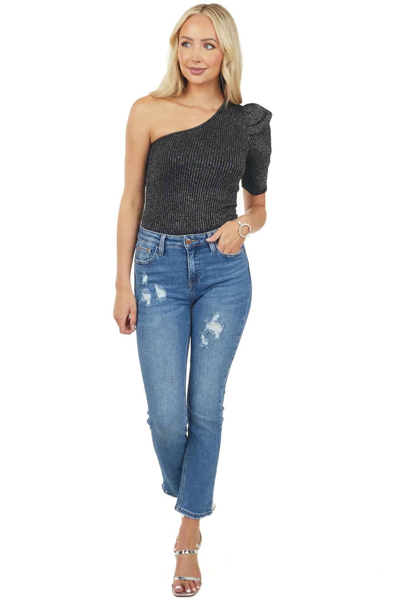 Black One Shoulder Metallic Threading Detail Top