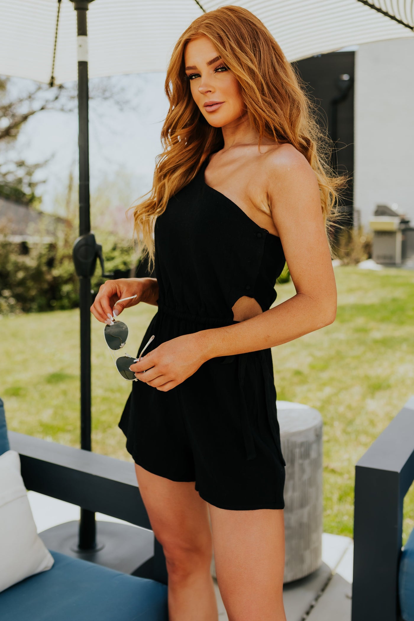 Black One Shoulder Waist Cut Out Romper