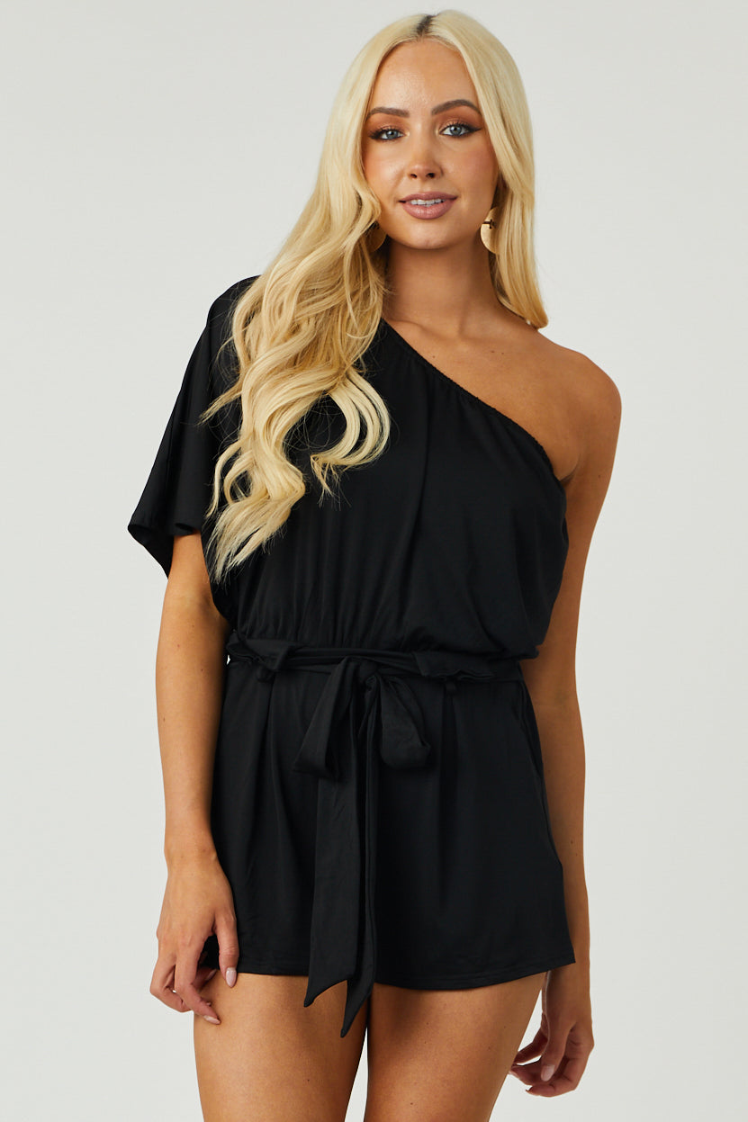 Black One Shoulder Waist Tie Romper