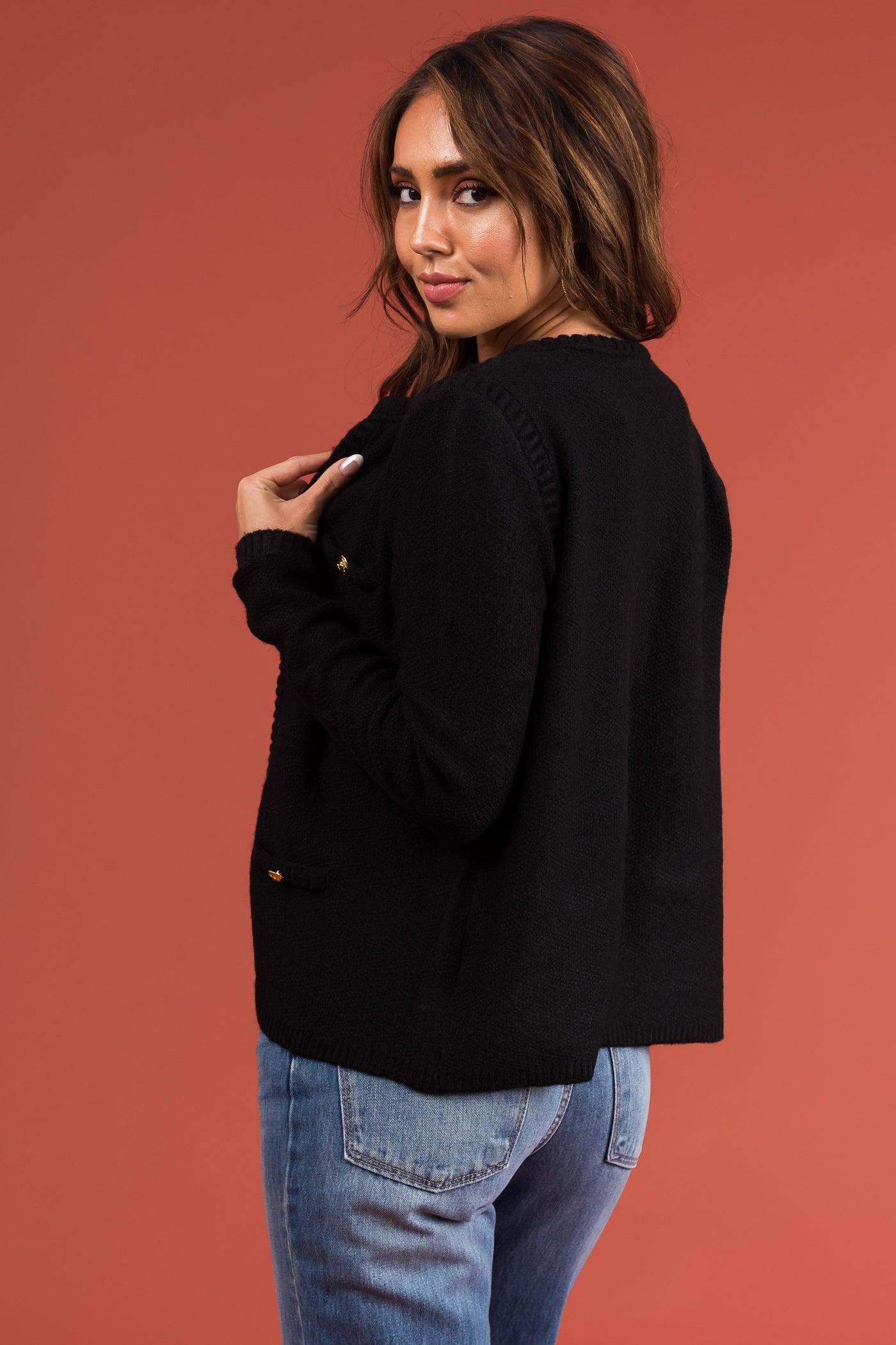 Black Open Cardigan with Gold Button Pocket Detail