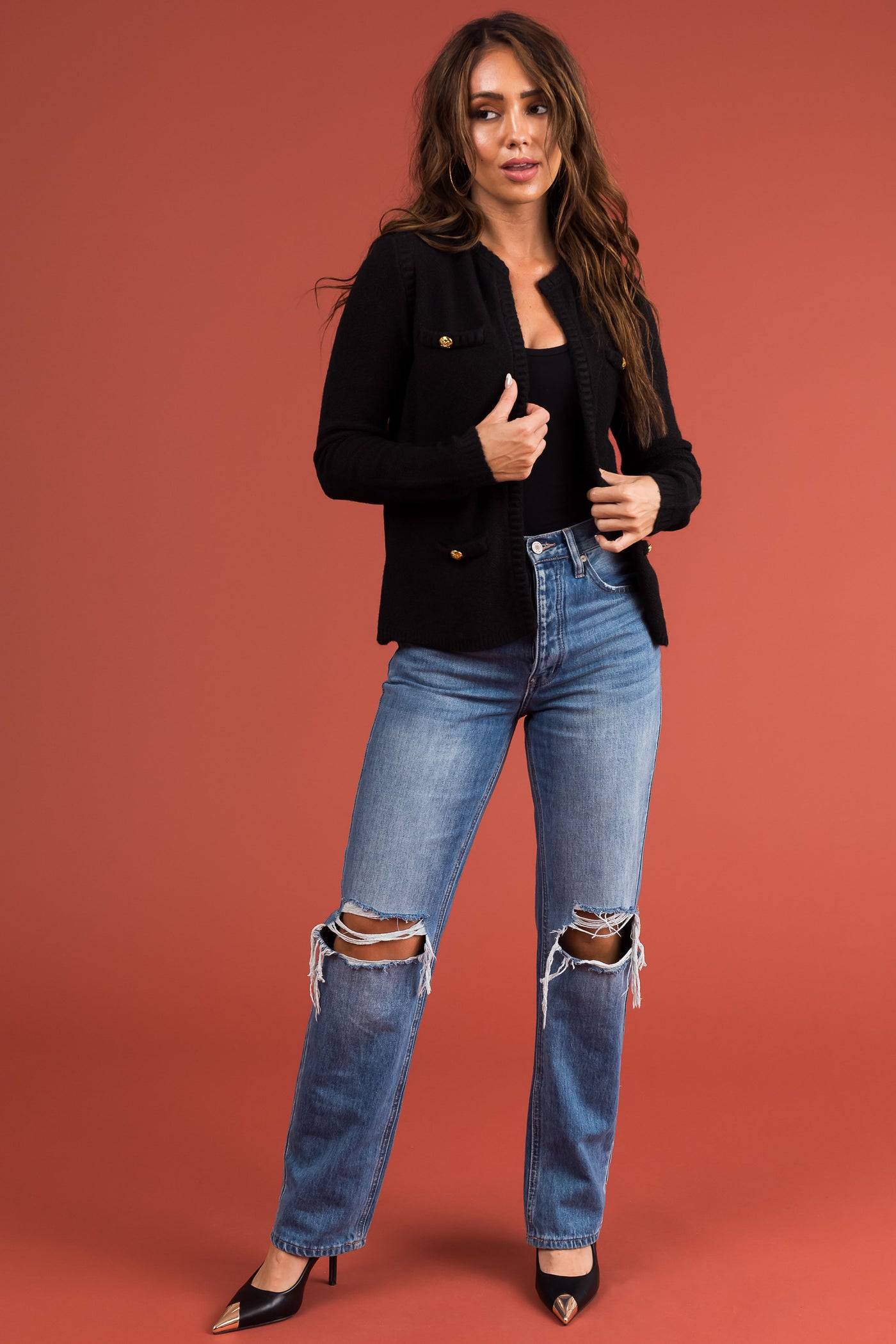 Black Open Cardigan with Gold Button Pocket Detail