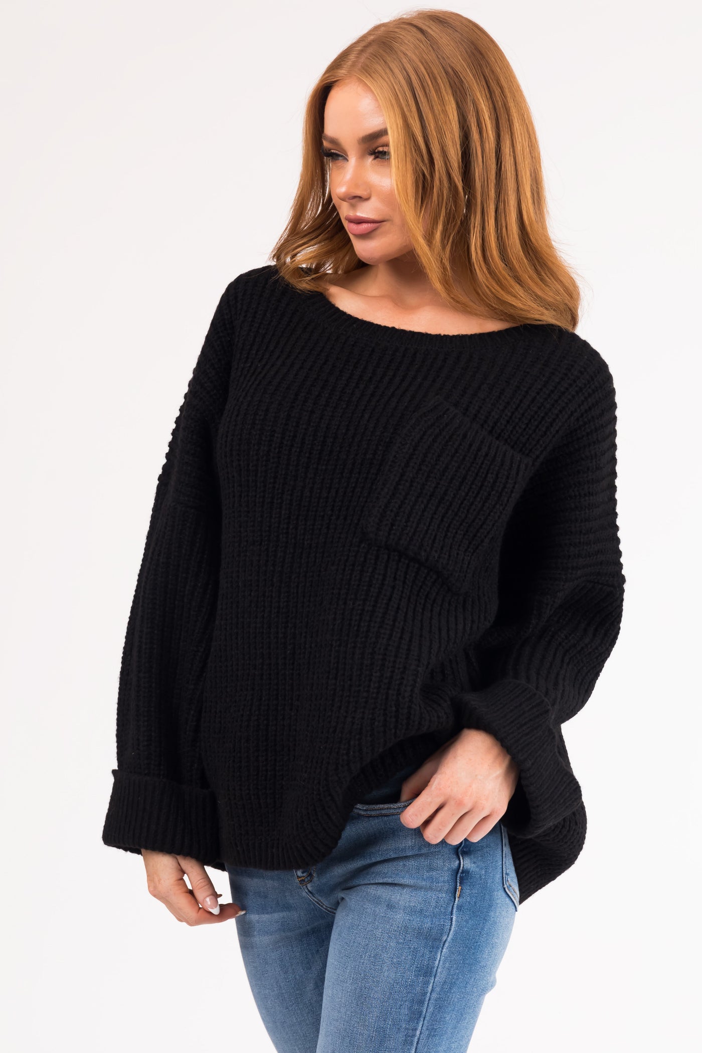 Black Oversized Chest Pocket Cozy Sweater