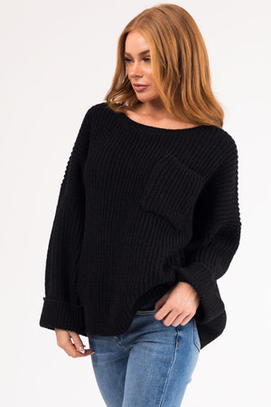 Black Oversized Chest Pocket Cozy Sweater