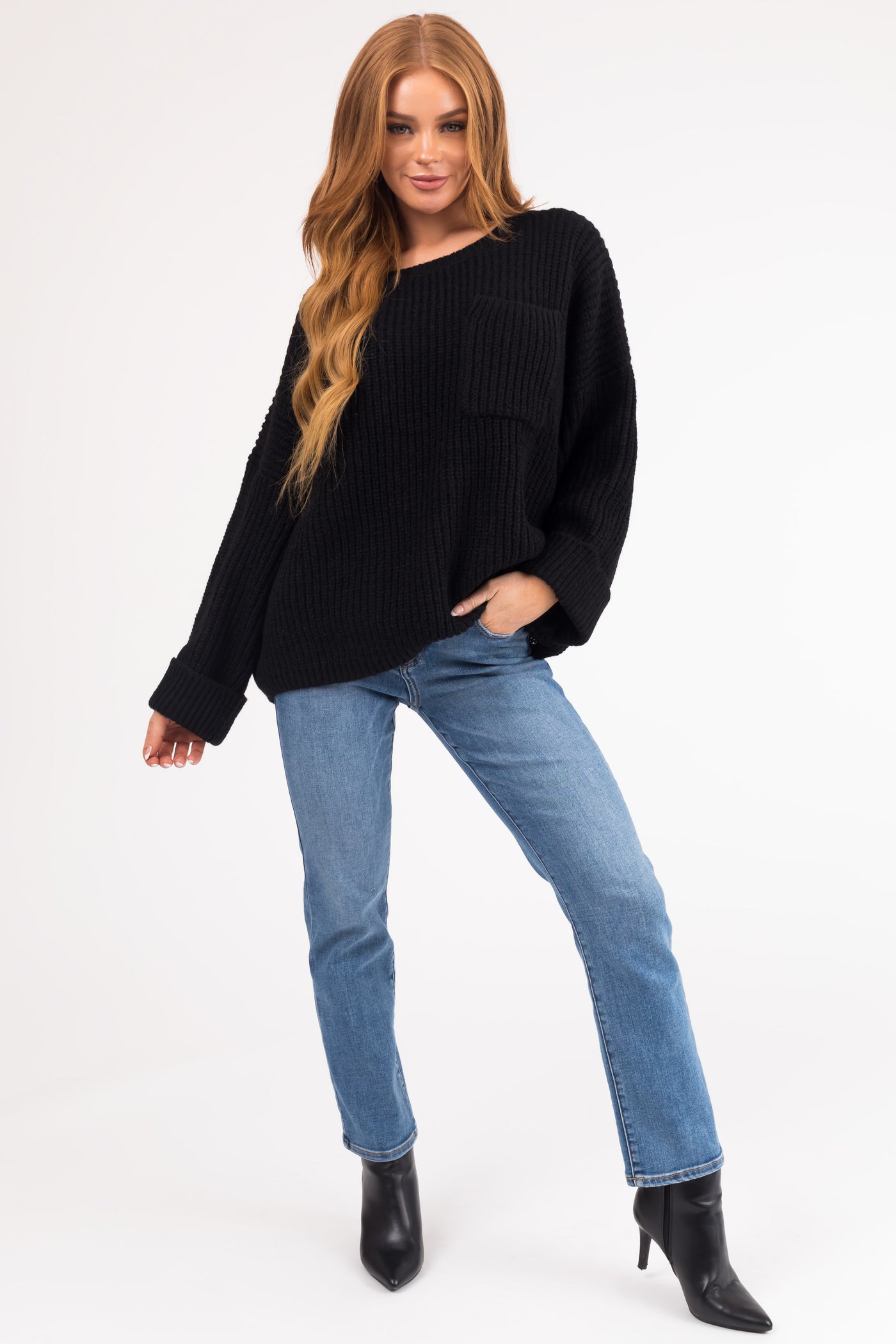 Black Oversized Chest Pocket Cozy Sweater