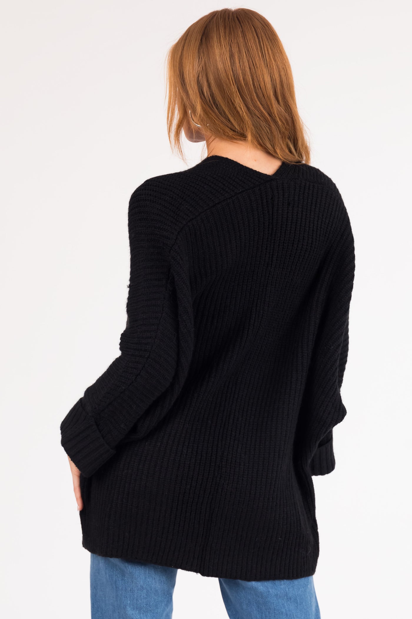 Black Oversized Knit Cardigan with Folded Sleeves