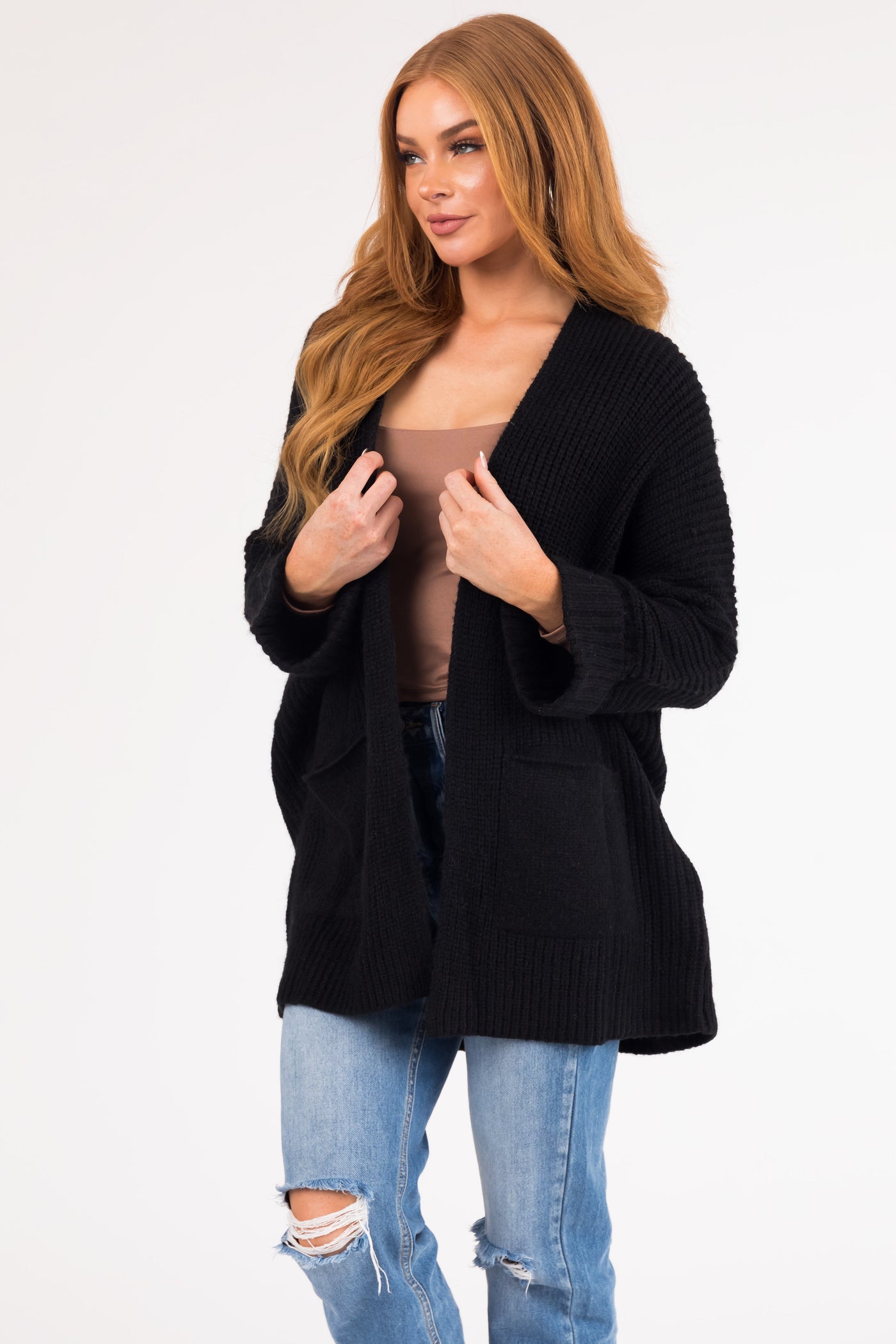 Black Oversized Knit Cardigan with Folded Sleeves