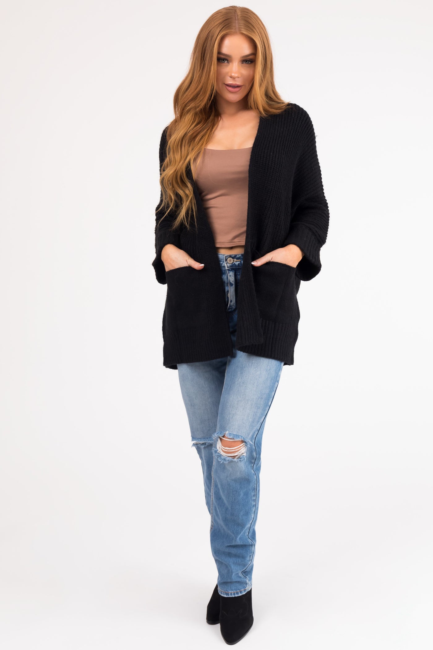 Black Oversized Knit Cardigan with Folded Sleeves