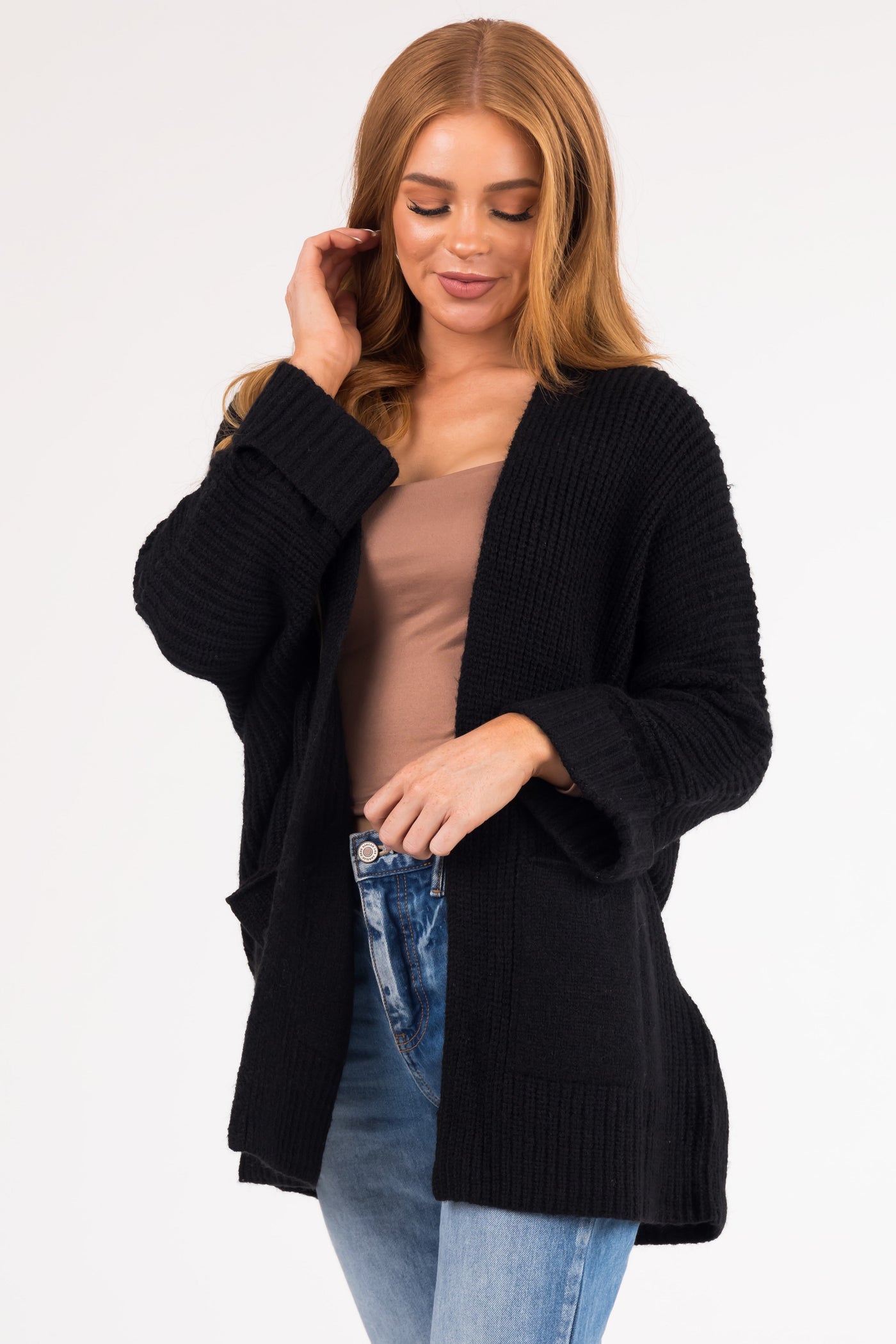 Black Oversized Knit Cardigan with Folded Sleeves