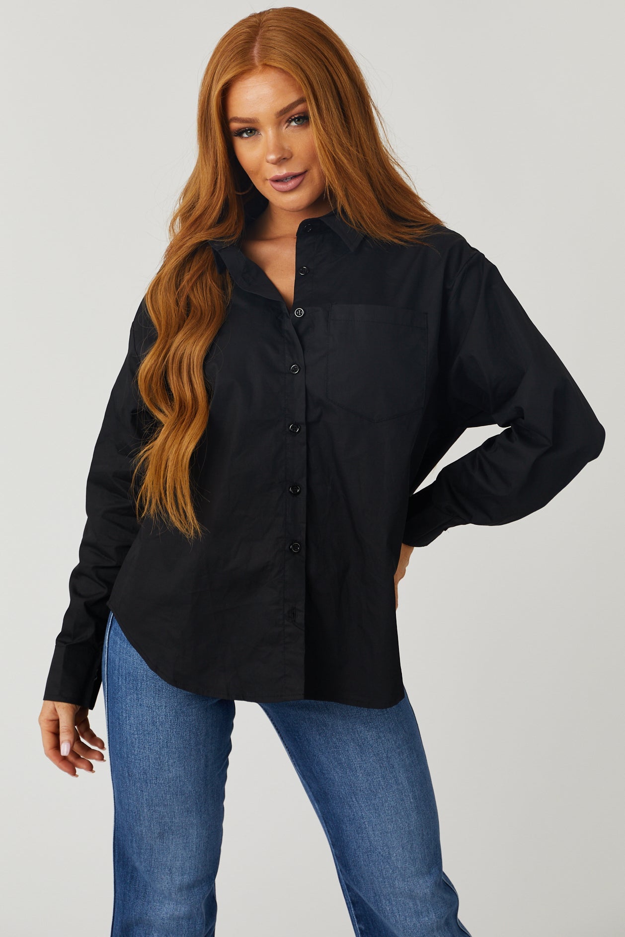 Black Oversized Long Sleeve Button Down Blouse