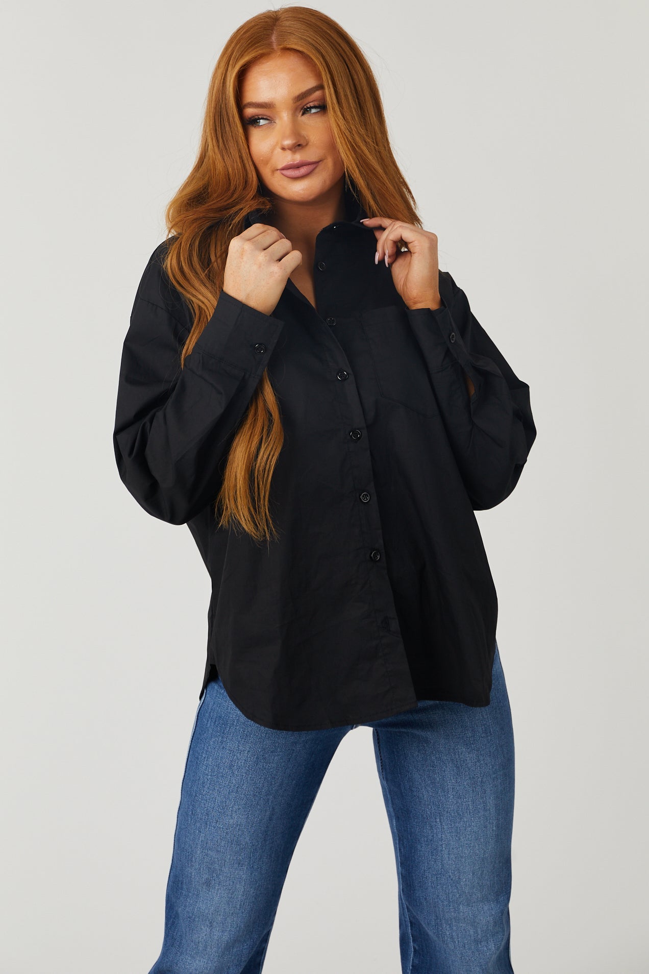 Black Oversized Long Sleeve Button Down Blouse