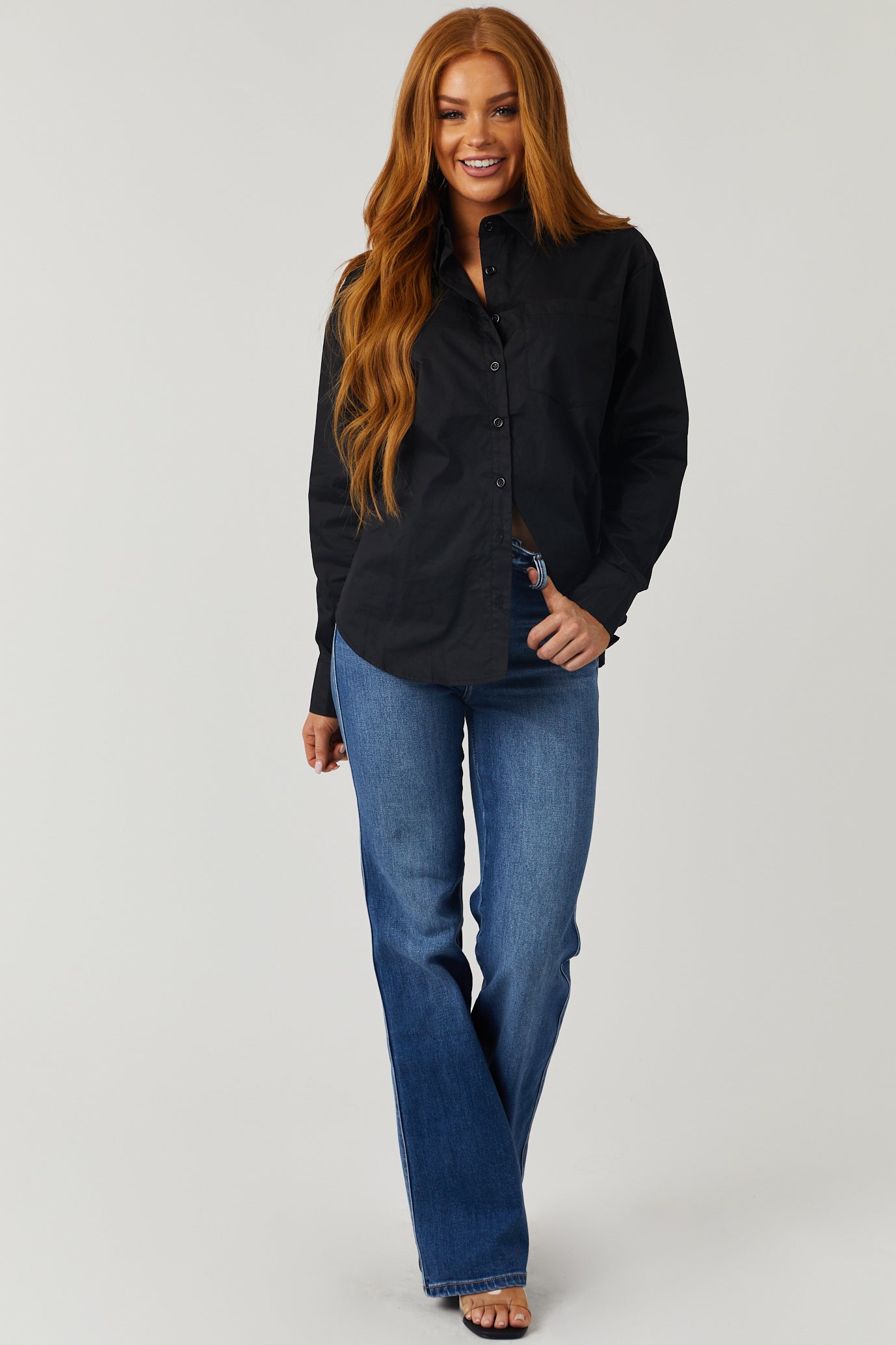 Black Oversized Long Sleeve Button Down Blouse