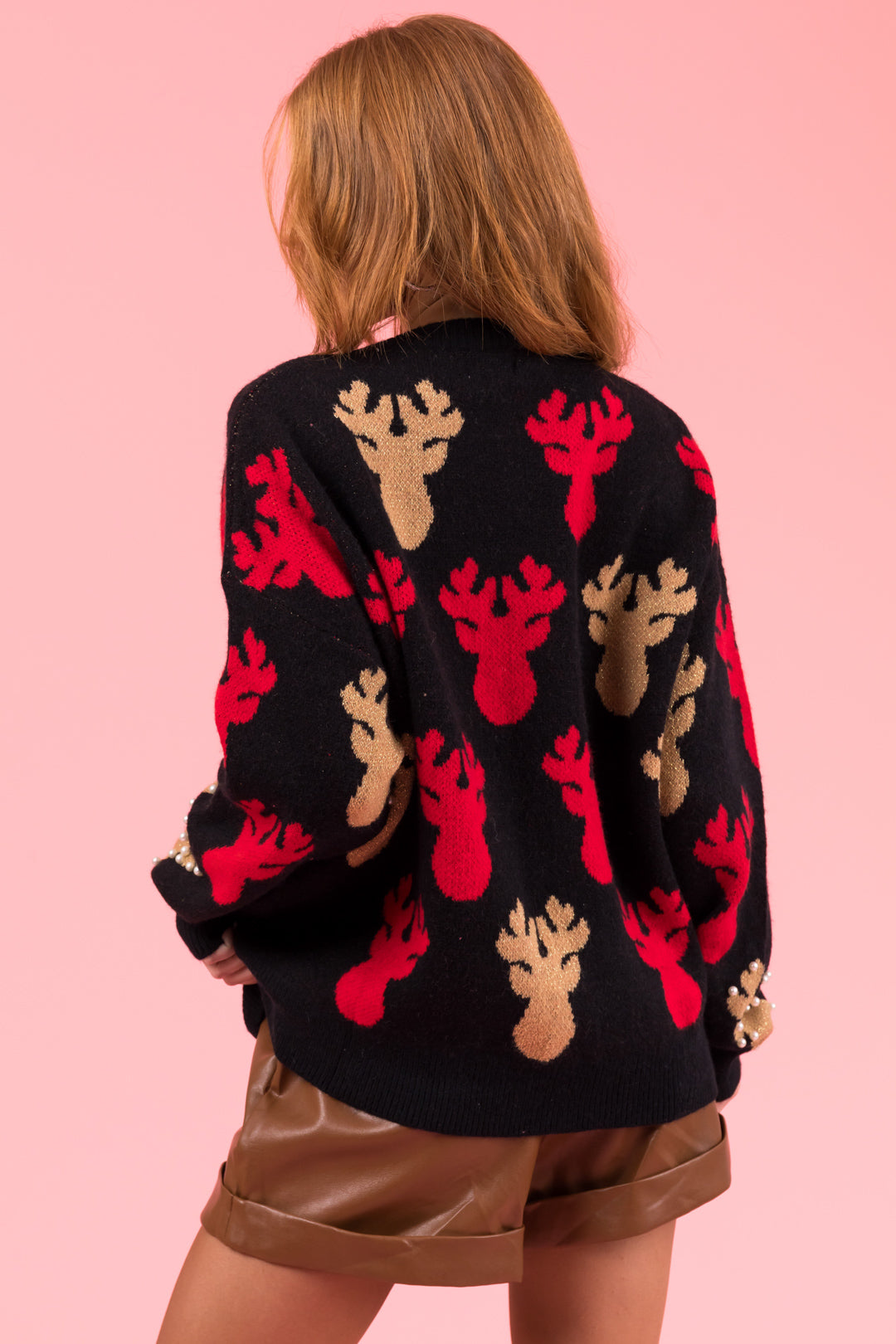 Black Pearl Bead Rudolph Christmas Sweater