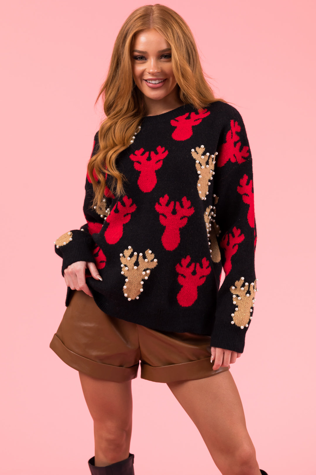 Black Pearl Bead Rudolph Christmas Sweater