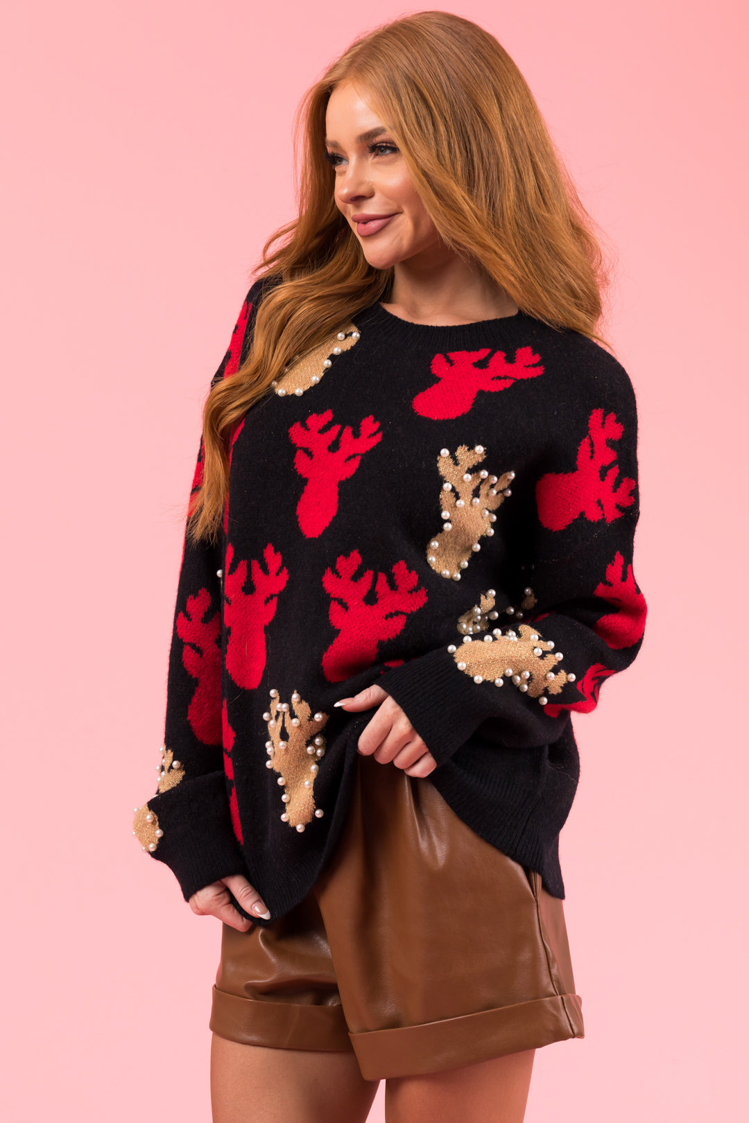 Black Pearl Bead Rudolph Christmas Sweater