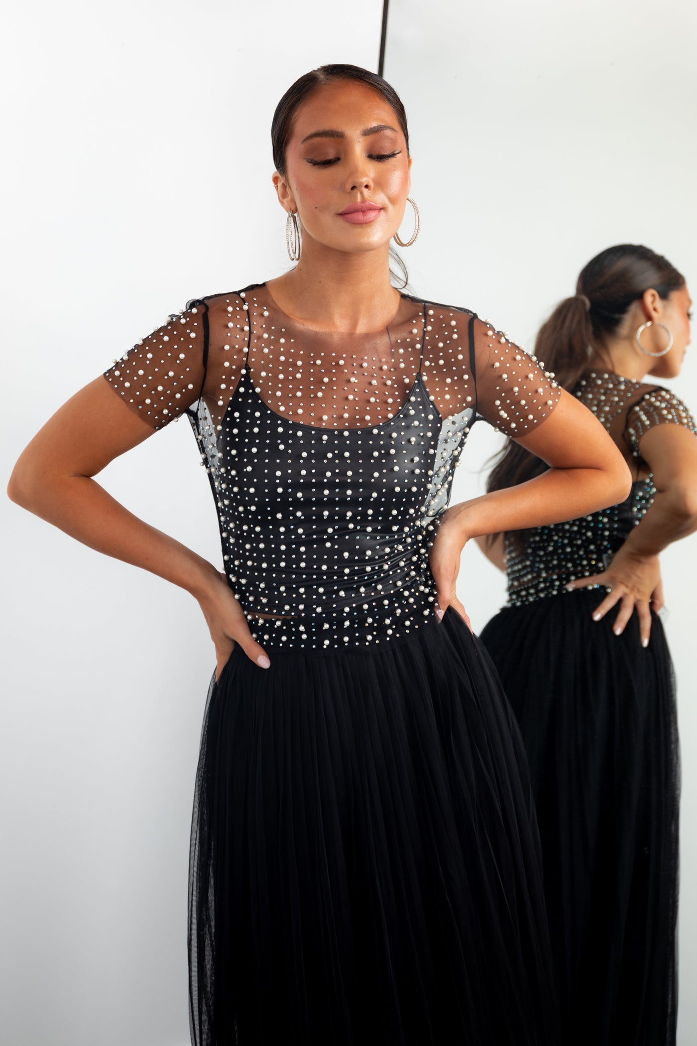 Black Pearl and Rhinestone Short Sleeve Mesh Top