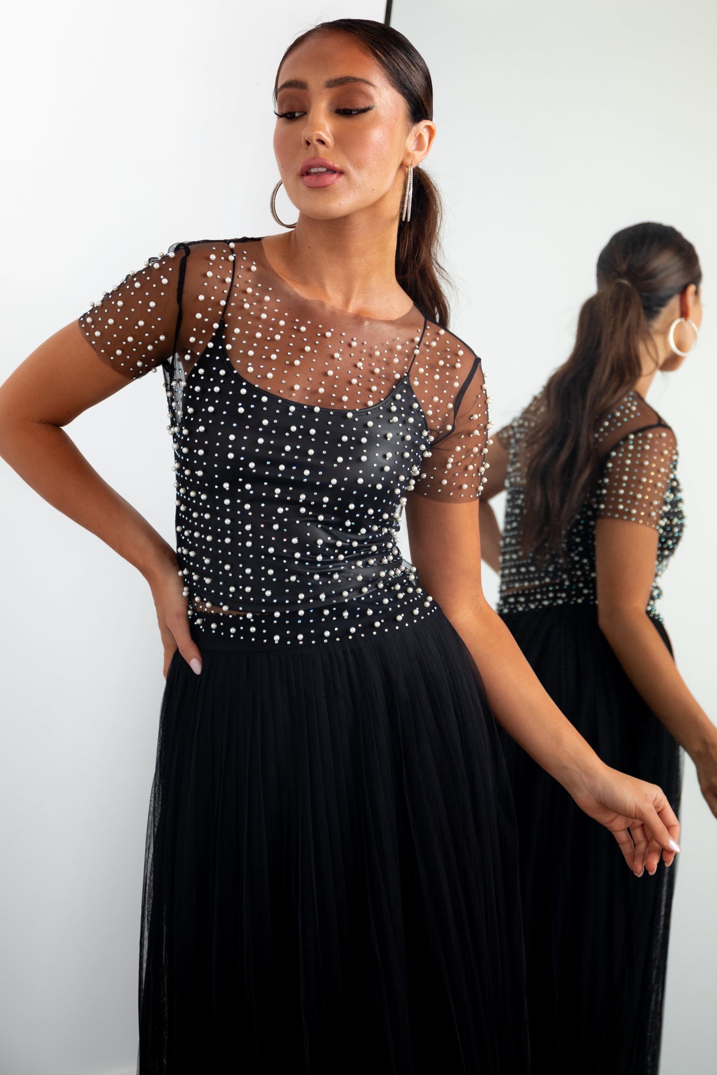 Black Pearl and Rhinestone Short Sleeve Mesh Top