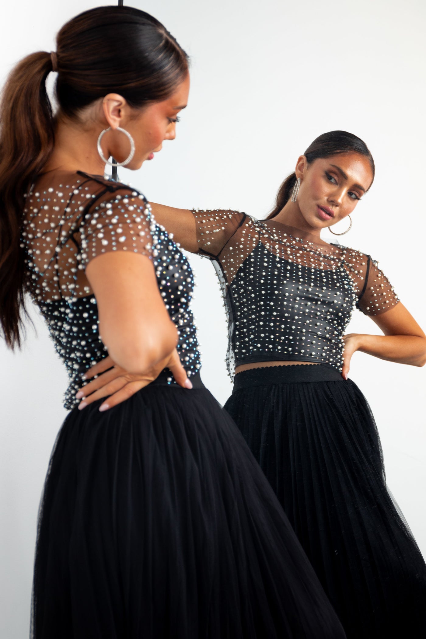 Black Pearl and Rhinestone Short Sleeve Mesh Top