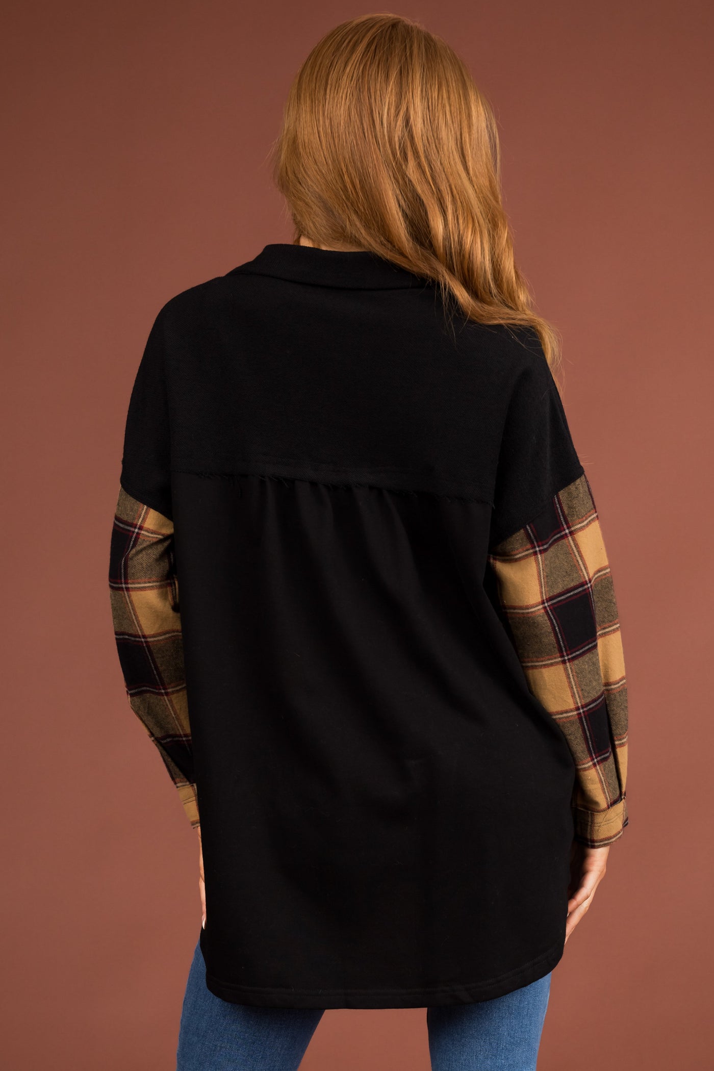 Black Plaid Contrast Chest Pocket Oversized Shacket