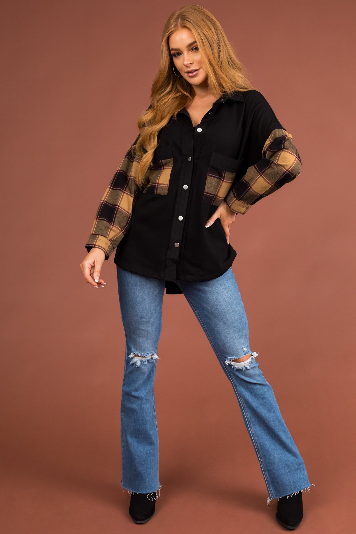 Black Plaid Contrast Chest Pocket Oversized Shacket