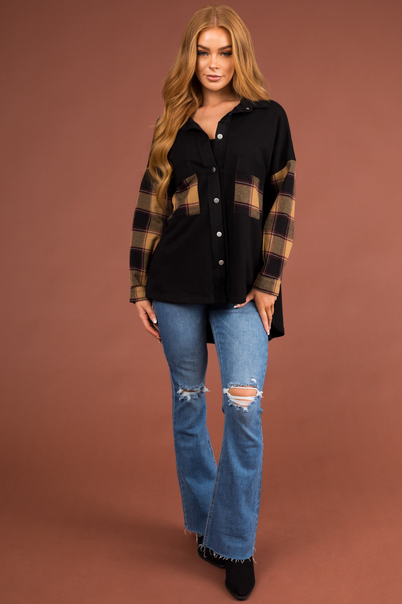Black Plaid Contrast Chest Pocket Oversized Shacket