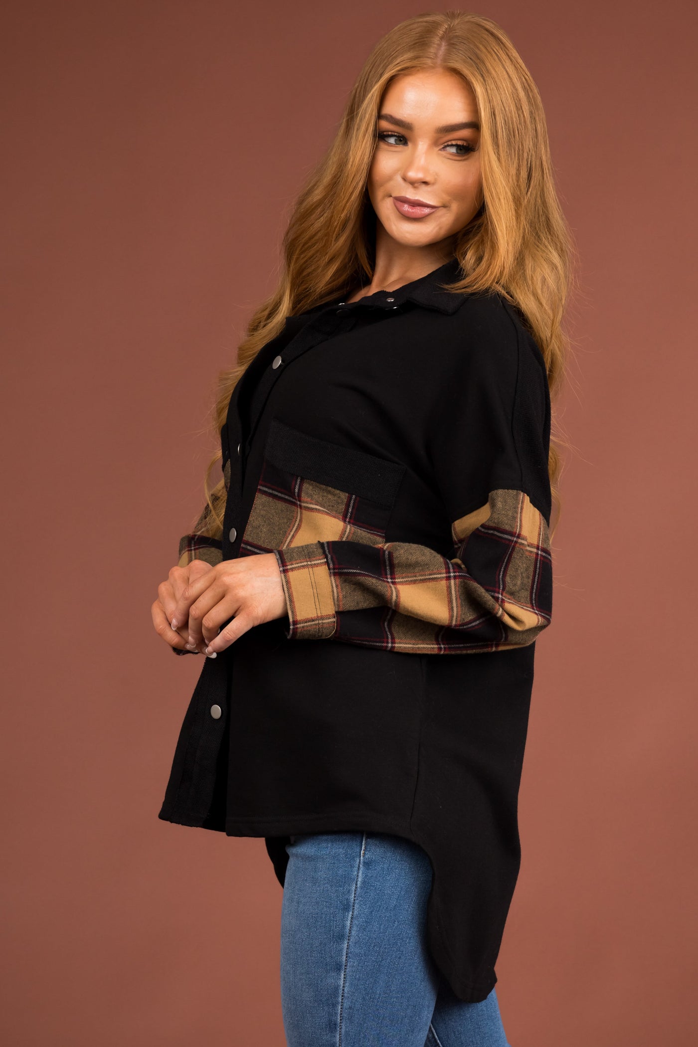 Black Plaid Contrast Chest Pocket Oversized Shacket