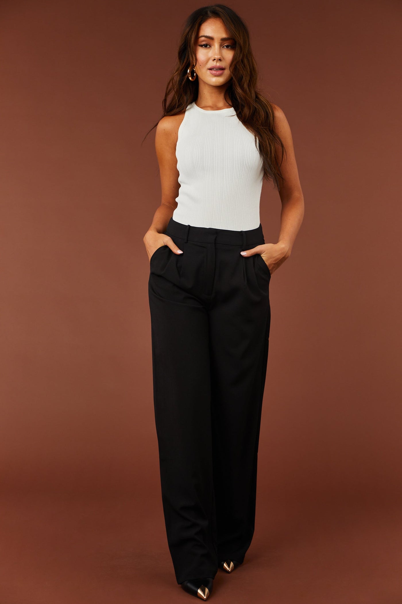 Black Pleated Wide Leg Twill Pants