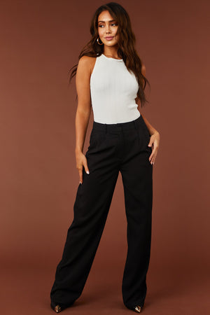 Black Pleated Wide Leg Twill Pants